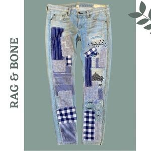 Rag & Bone Upcycled Patchwork Denim Jeans Hand Embroidered Blue White Size 29